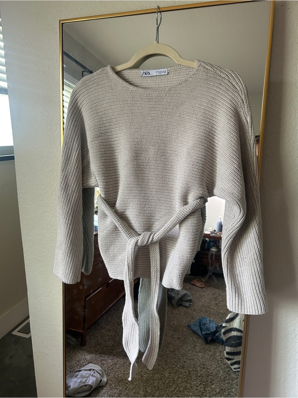 Zara Cream Ribbed Tie Waist Crewneck Sweater